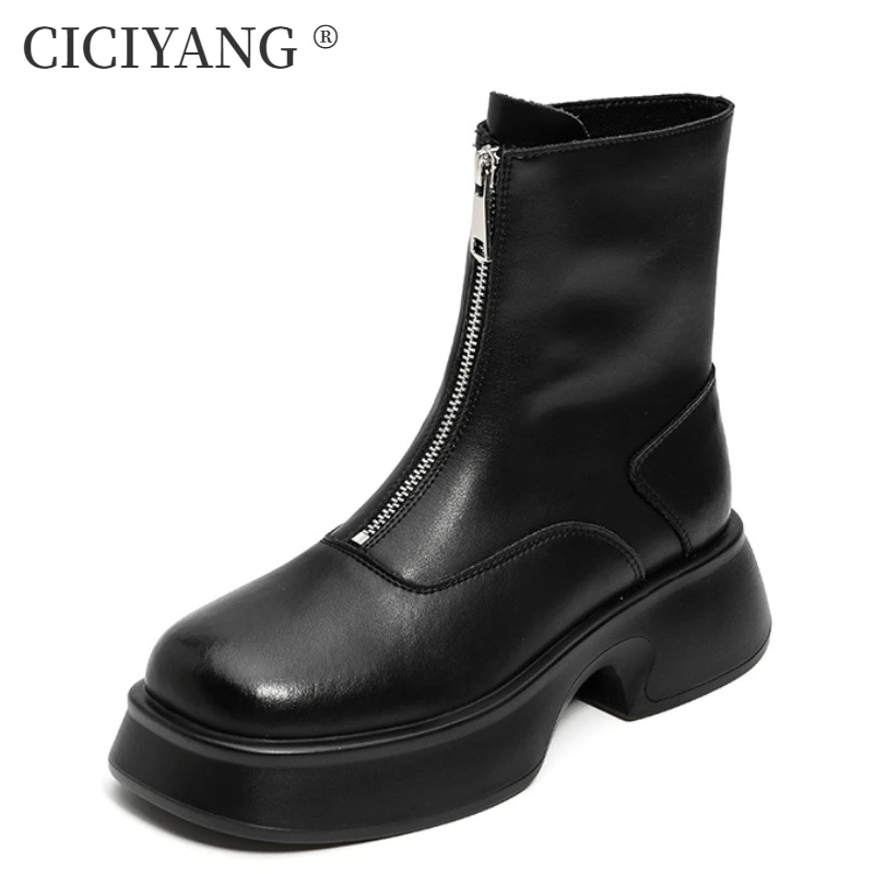 

CICIYANG Chelsea Boots Women Genuine Leather Fashion Fur 2024 Winter Boots Women Front Zipper British Style Ladies Short Boots