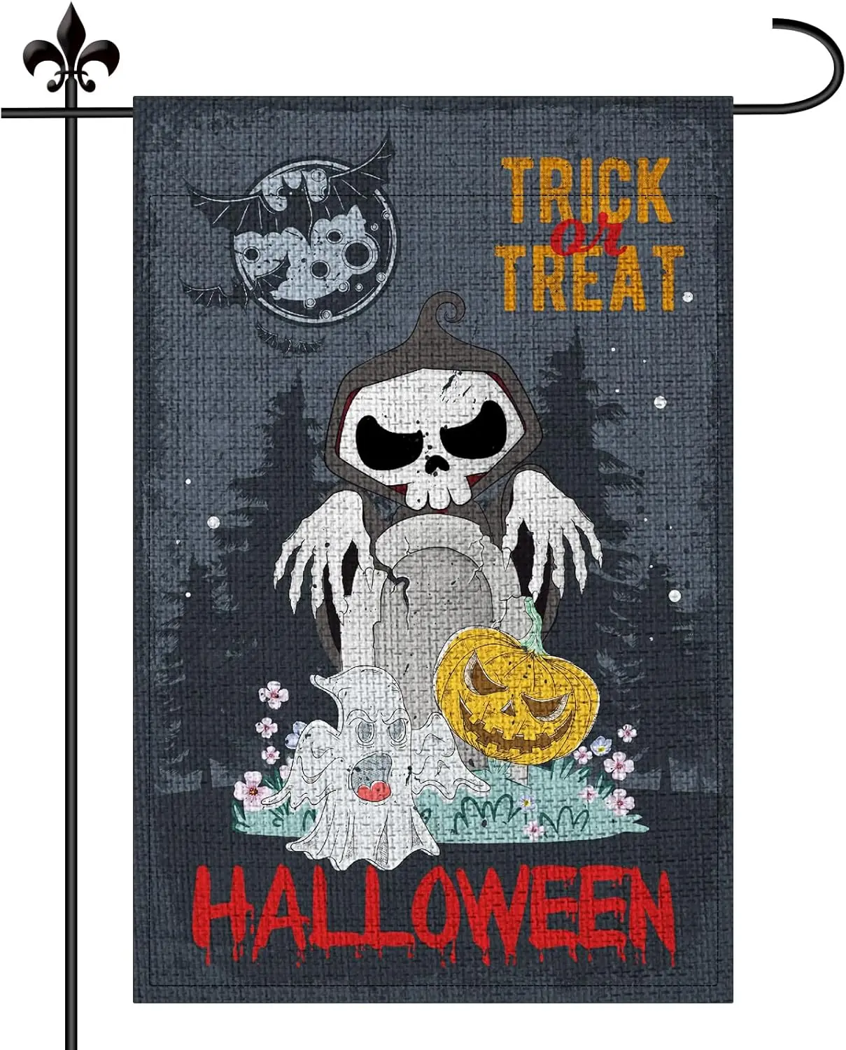 Halloween Garden Flag, 12x18in Linen Halloween Garden Flag Burlap Double Printed Halloween Yard Banner with Graveyard Skeletons