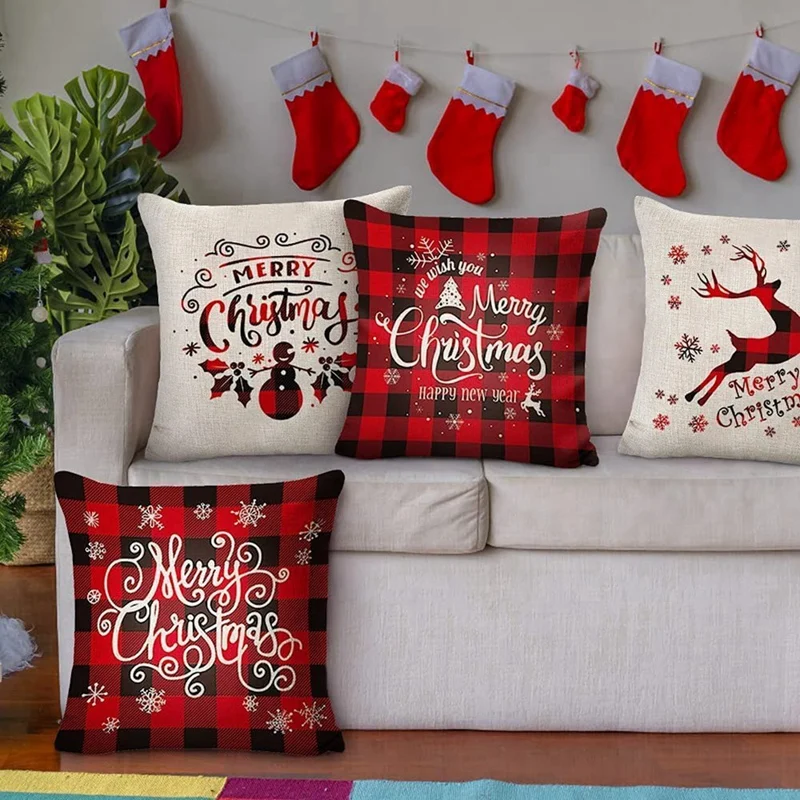 Decorações de Natal Capas de Almofada de Natal 18 X 18 Polegadas Conjunto de 4 - Capa de Almofada de Série de Natal Branco e Vermelho