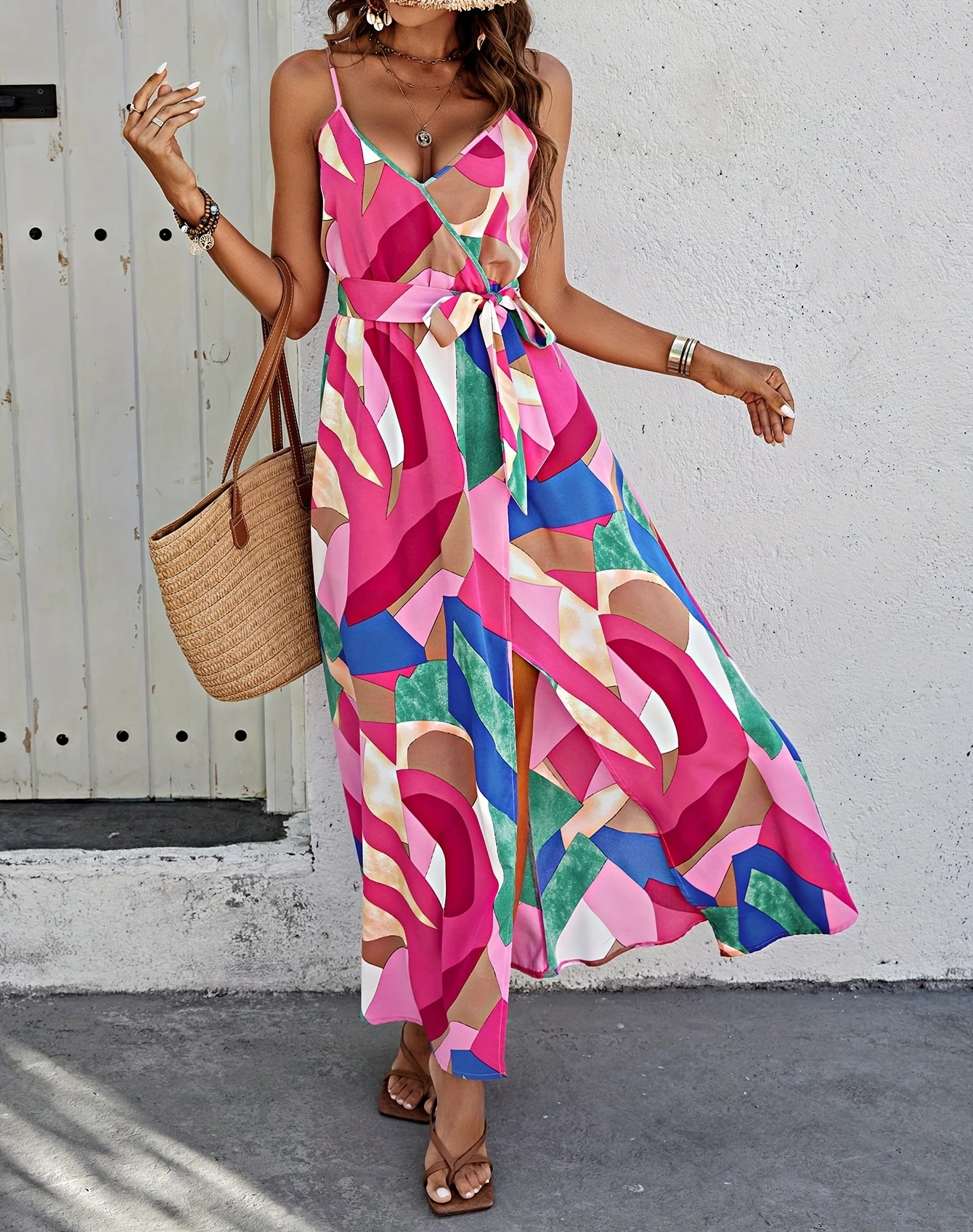 فستان بوهو عالي الخصر ملفوف متعدد الألوان كامي فساتين الحفلات المحدودة