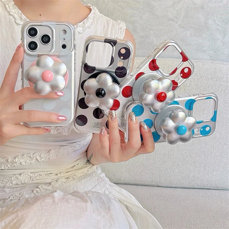 

Fashion Plating Colorful Polka Dot Magnetic Phone Case For iPhone 17 Pro 16 15 14 Pro Max Cover with Flower Stand For Magsafe Ca