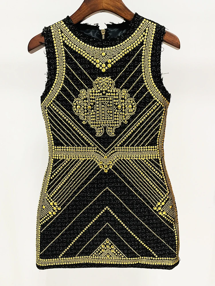 

HIGH STREET 2024 Newest Fashion Designer Dress Women's Sleeveless Metal Rivet Beaded Tweed Dress