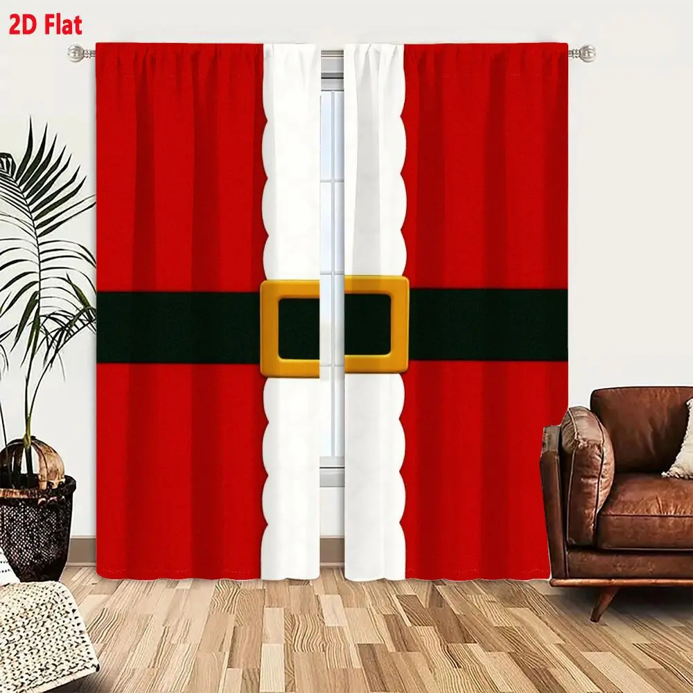2Pcs Curtains 2D Flat Santa Claus Suit Midsection With Red Background White Fur Trim Black Belt And Gold Buckle Window Drapes fo
