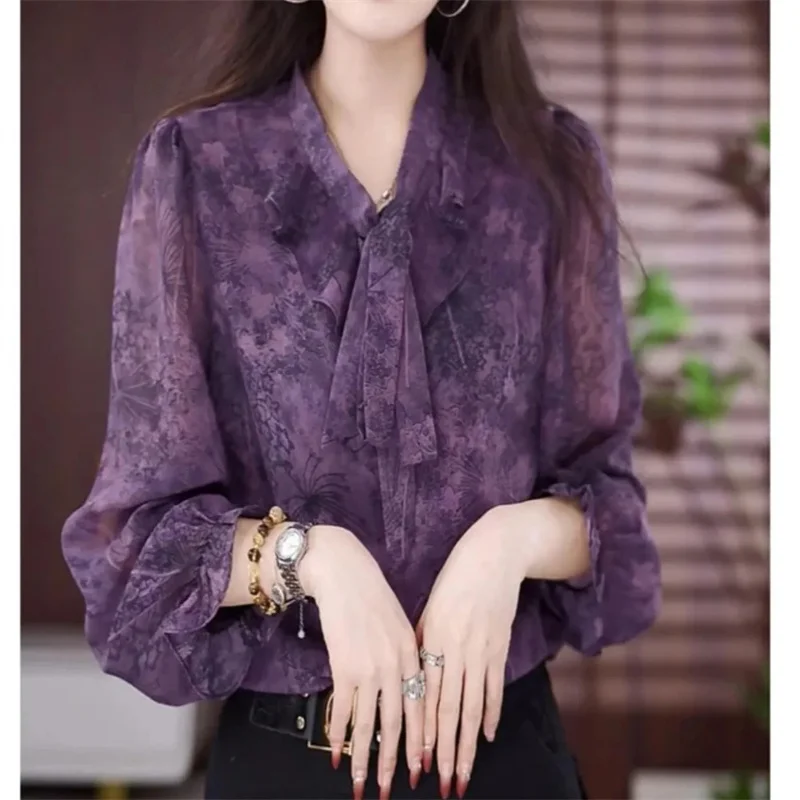 Korean Ladies Fashion Tie Up T-shirt Autumn Women High End Casual Loose Printed Top Spring Female Large Size 5XL Pullover Blouse