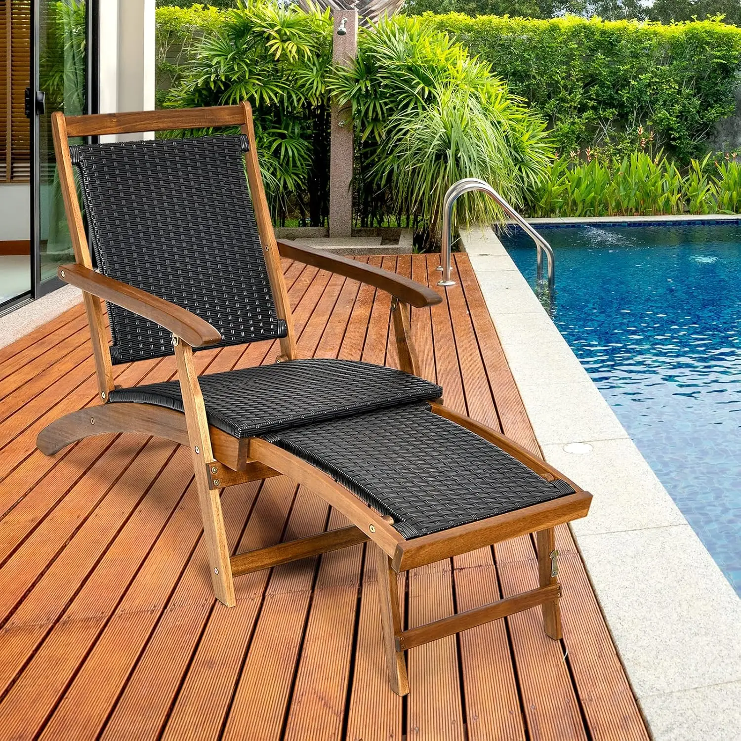 Wood Folding Rattan Wicker Chair w/Retractable Footrest, Space-Saving Ergonomic Deck Chair for Garden, Poolside, Patio