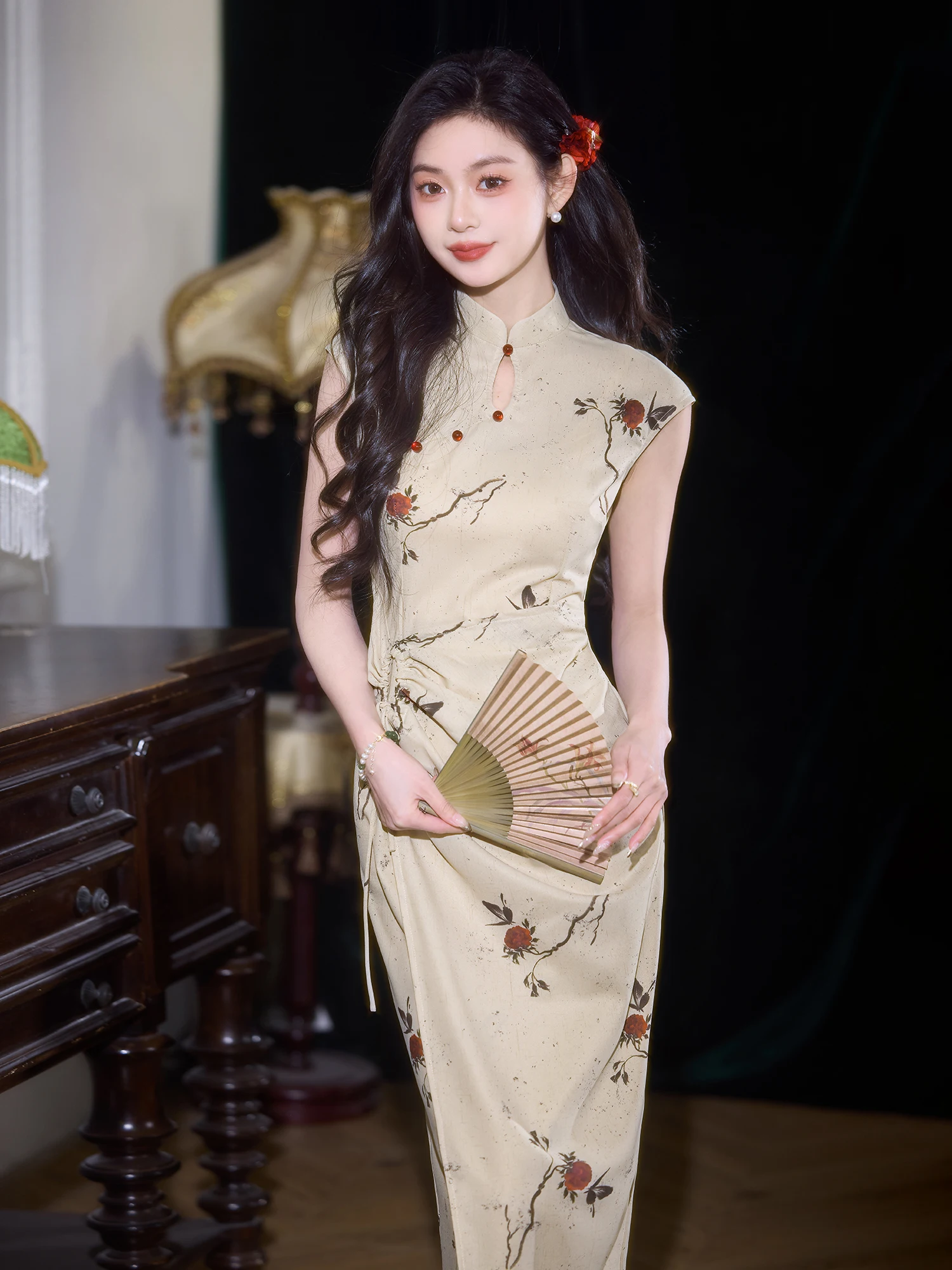 

Новое летнее женское длинное ципао цвета хаки с плиссировкой, традиционный китайский костюм с цветочным узором, дышащий