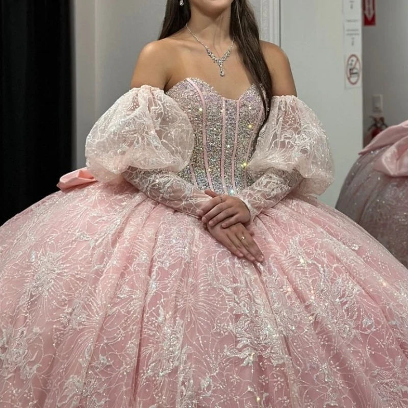 

Розовое блестящее бальное платье Quinceanera Платье с открытыми плечами и бисером с кристаллами и бантом из тюля для дня рождения Sweet 16, Vestidos De XV 15 Anos