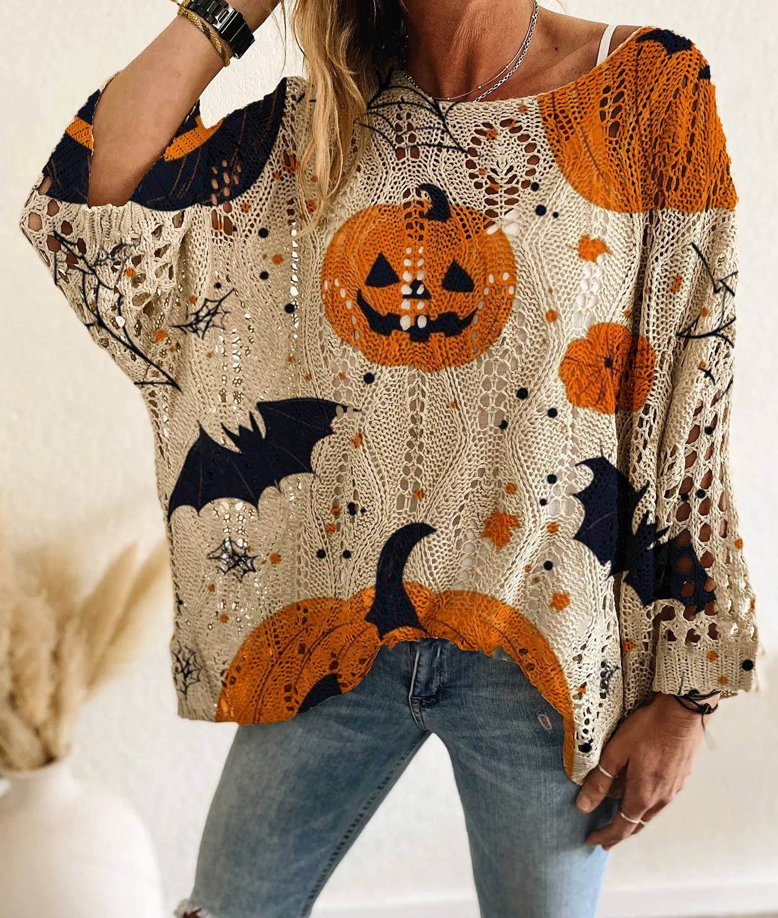 

Women's Halloween Pumpkin Print Long Sleeve Knit Top Casual Elegant Vacation Style Loose Fit Batwing Shoulder Spring Fall Wear