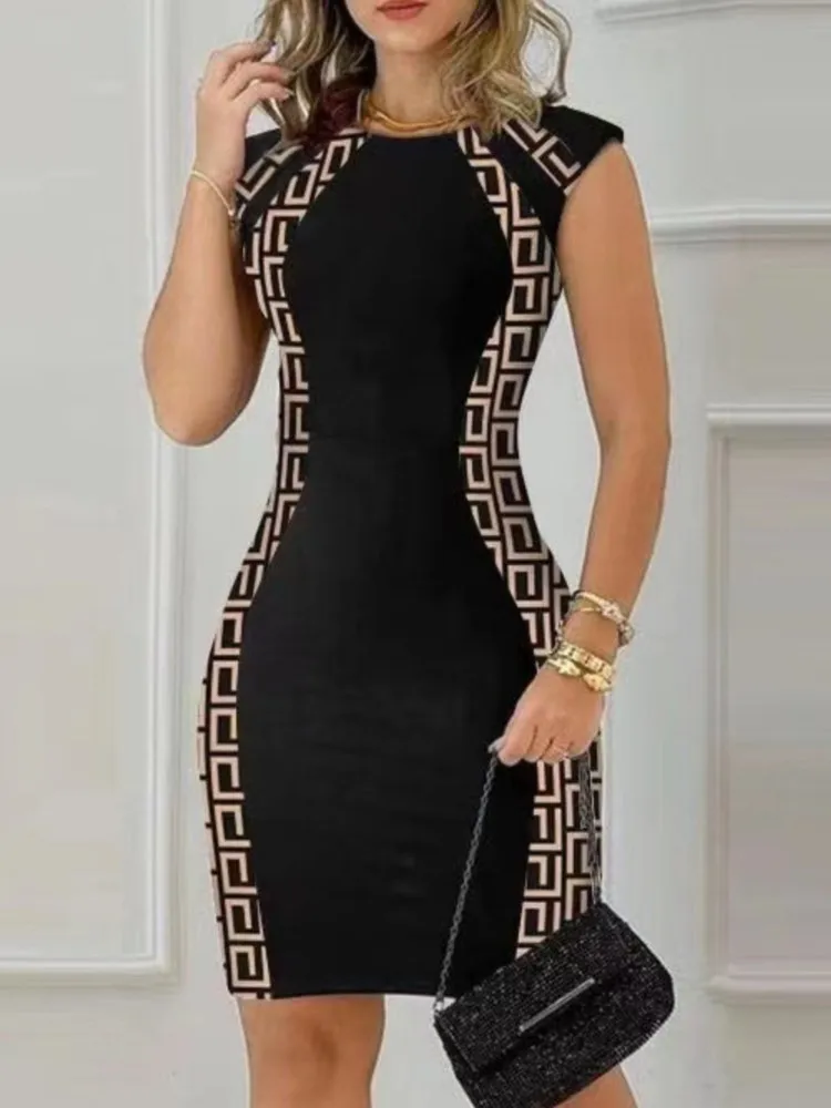女性ファッションラウンドネックノースリーブボディコンジッパーミニドレス新しい夏のカラーブロックバックスプリットパーティーレディスリムペンシルドレス