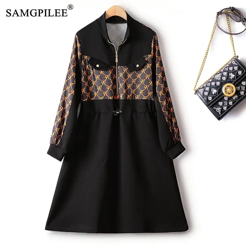 

New In Dresses 2023 Spring Autumn Retro Printed Waist Collision Stand Collar Space Cotton Color Matching Elegant Dress Women 4XL