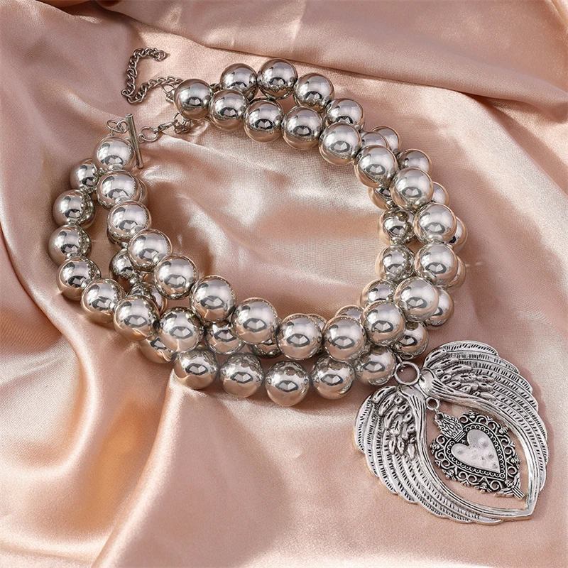 Punk Übertriebene Handgemachte Perlen Halskette für Frauen Metall Flügel Herz Anhänger Choker Halskette Mädchen Party Festival Schmuck Geschenke – Detail 7