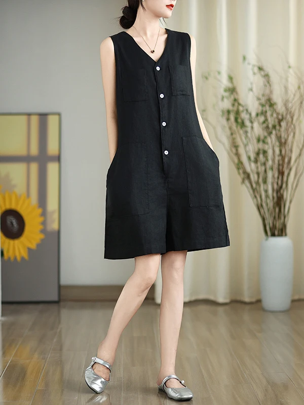 Artistic Pure Color Simple Belted Waistl Svel Jumpsuit Large Size Women's Cotton Linen Casual Wide Leg orts Summer