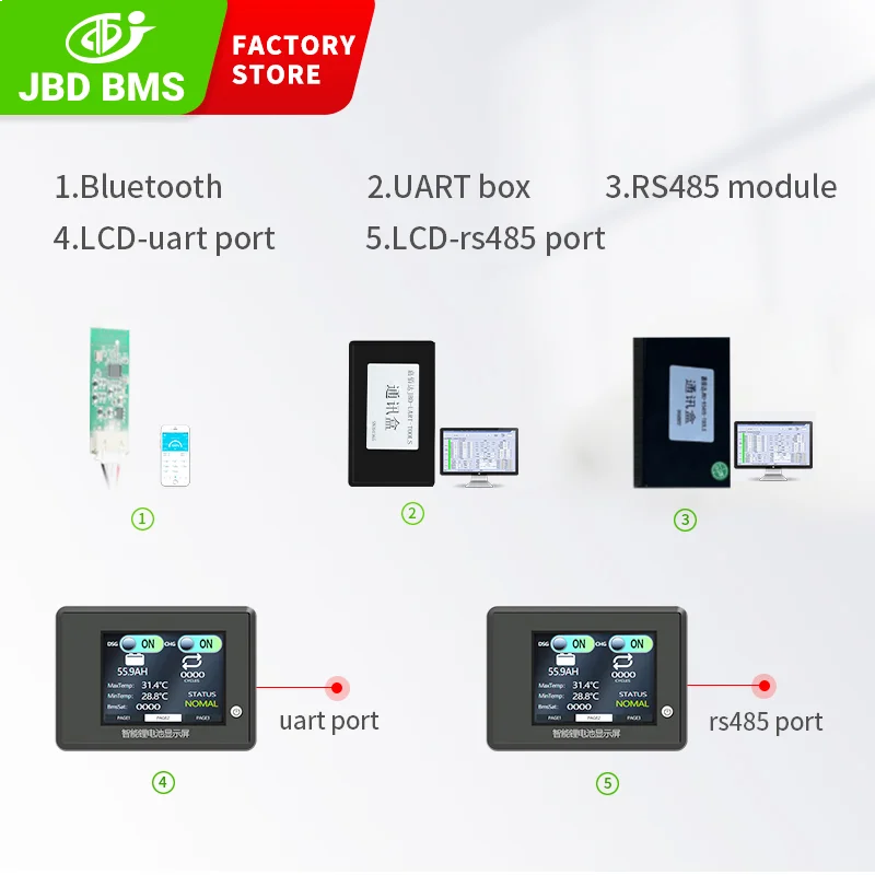 JBD Bluetooth SOC LCD Screen Display PC Communication Tool UART RS485 Displayer Lithium Battery Balancer BMS Smart Accessories