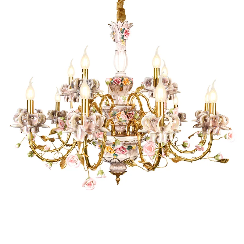 

DINGFA European Style Flower All Copper Chandelier Villa Living Dining Room Bedroom Hotel Corridor Decorative Pendent Light