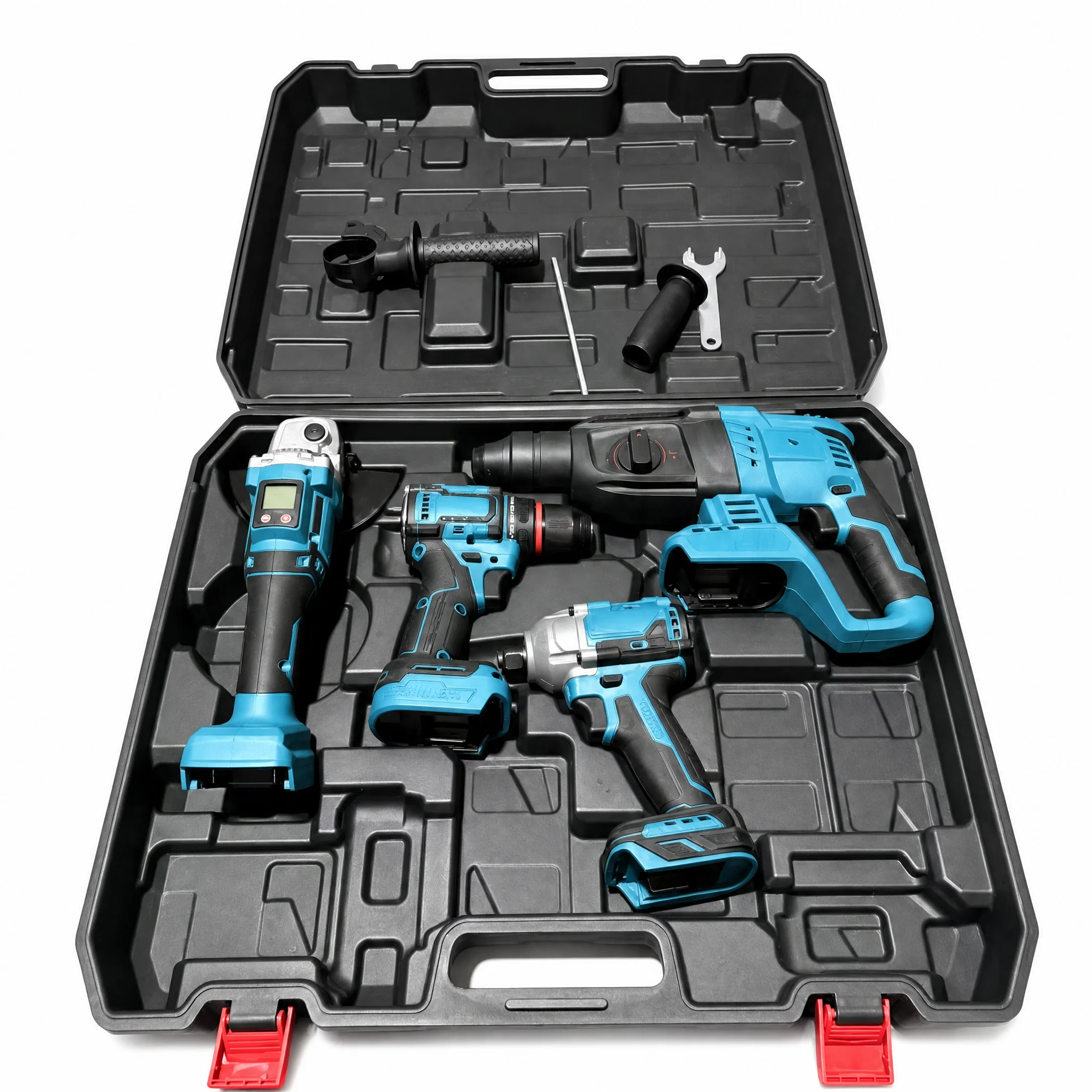 Custom Cordless Power Tool Combo Kit 4 Piece Set Rotary Hammer Angle Grinder Drill Impact Wrench Hard Carrying Case 1 Year Warra