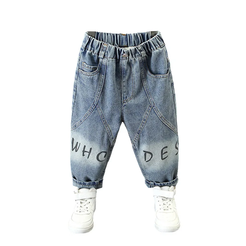 

Весенне-осенние детские джинсовые джинсы, прямые джинсовые брюки для маленьких мальчиков, детская уличная одежда, повседневные брюки, модные лоскутные джинсы для девочек