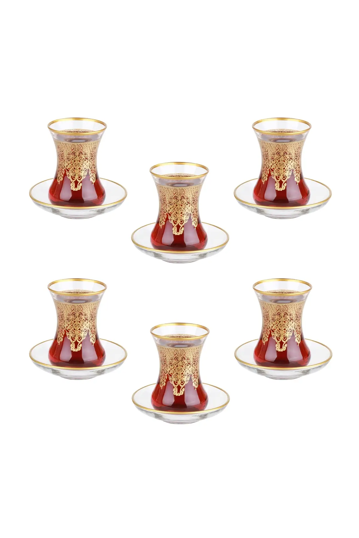 DOLBOVI Şerhazat 12 Piece Mouth Gold Full Leaf Tea Set Turkish Tea Glass Cup