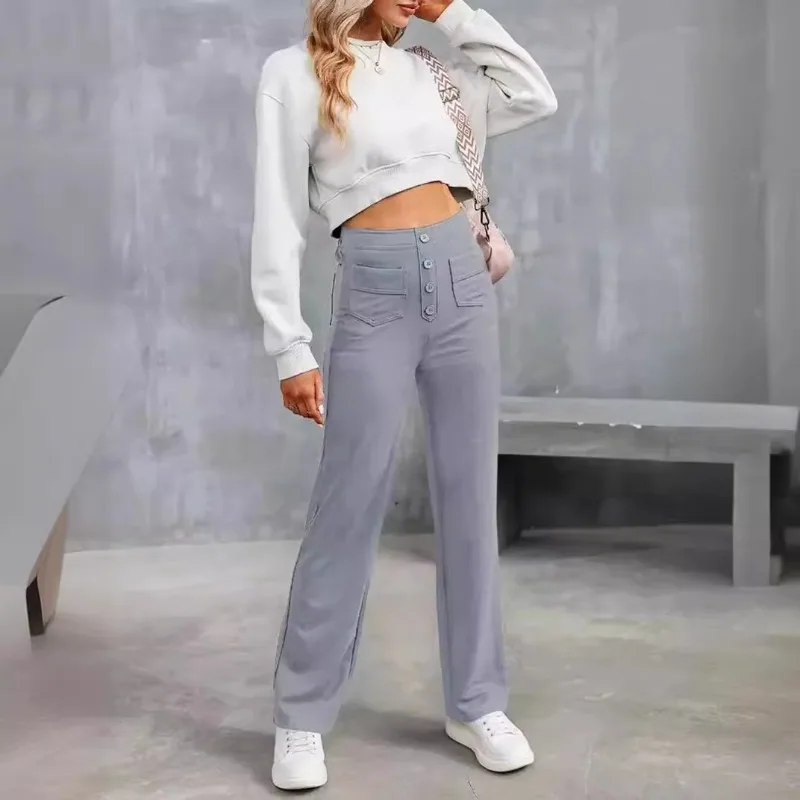 

2024 Fashion New Women's Trousers Solid Color Patch Pocket High Elastic High Waist Straight Leg Casual Pants for Women