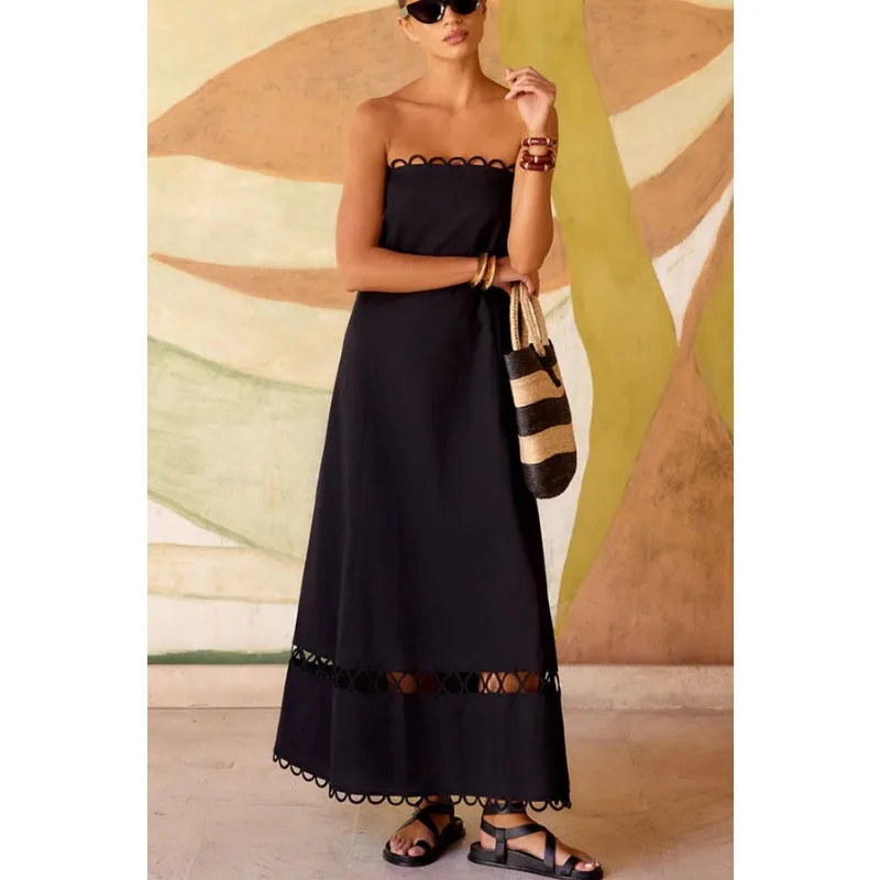 Zomer vrouwen off-shoulder bohemien jurk elegante INS strapless uitgehold a-lijn lange buisjurk boho vakantie vakantiejurk