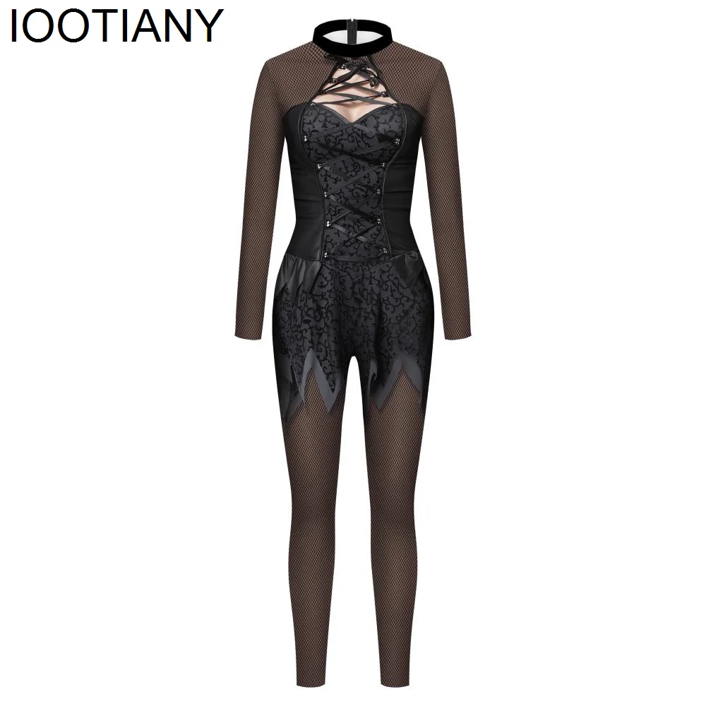 IOOTIANY Japanese Anime Black Lace Print Sexy Jumpsuit Carnival Cosplay Women Bodysuit Long Sleeve Romper Kawaii Girl Jumsuits