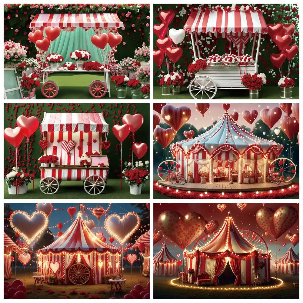 

MOON.QG Valentine's Day Decoration Backdrop 14-Feb Photography Background Circus Party Tent Rose Cart Heart Balloon Studio Props