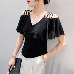 Black Summer Korean Style T-Shirt Chic Sexy Women V-Neck Hollow Out Shiny Diamonds Ruffles Tops Short Sleeve Tees 2024 New 45160