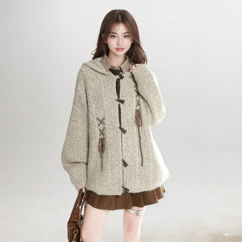 

Женский однотонный вязаный свитер, кардиган, толстый джемпер с длинными рукавами, однобортные повседневные толстовки, пальто, свитера, обычная осень 2025 г.