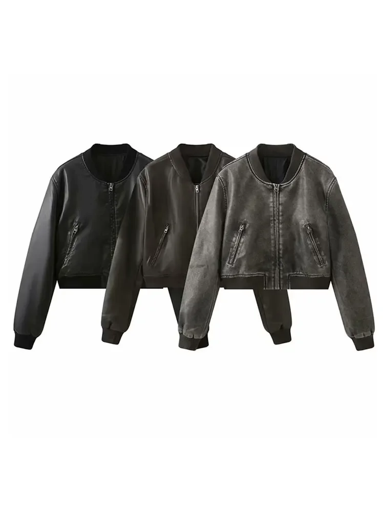 Blouson en cuir PU femme, rétro, fermeture éclair avec poche, mode solide, col rond, manches longues, manteau court, slim, vêtements d'extérieur, 2024