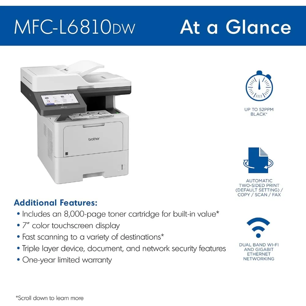 MFC-L6810DW Enterprise Monochrome Laser All-in-One Printer with Low-cost Printing, Large Paper Capacity, Wireless Networking