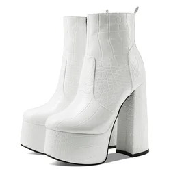 Sexy Women's Ankle Boots Platform Cowboy Boots For Women Block High Heels Zipper Black White Short Party Shoes Female New 2024
