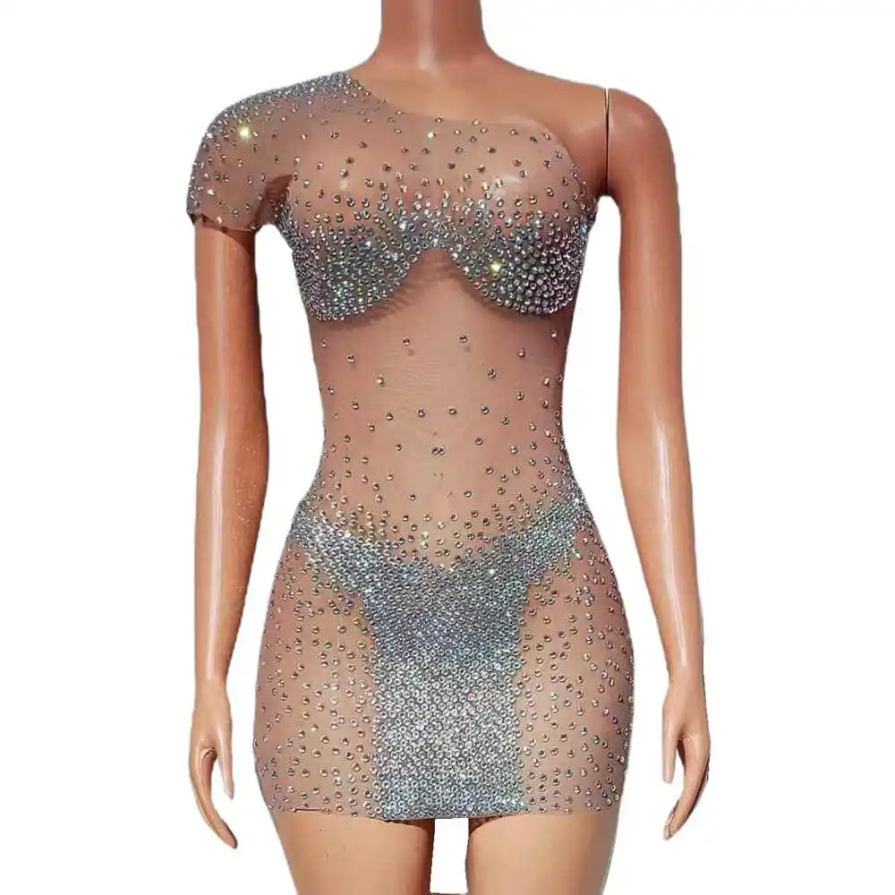 キラキララインストーンワンショルダースカート女性のためのセクシーなシースルーイブニング祝う結婚式誕生日ドレス写真撮影着用