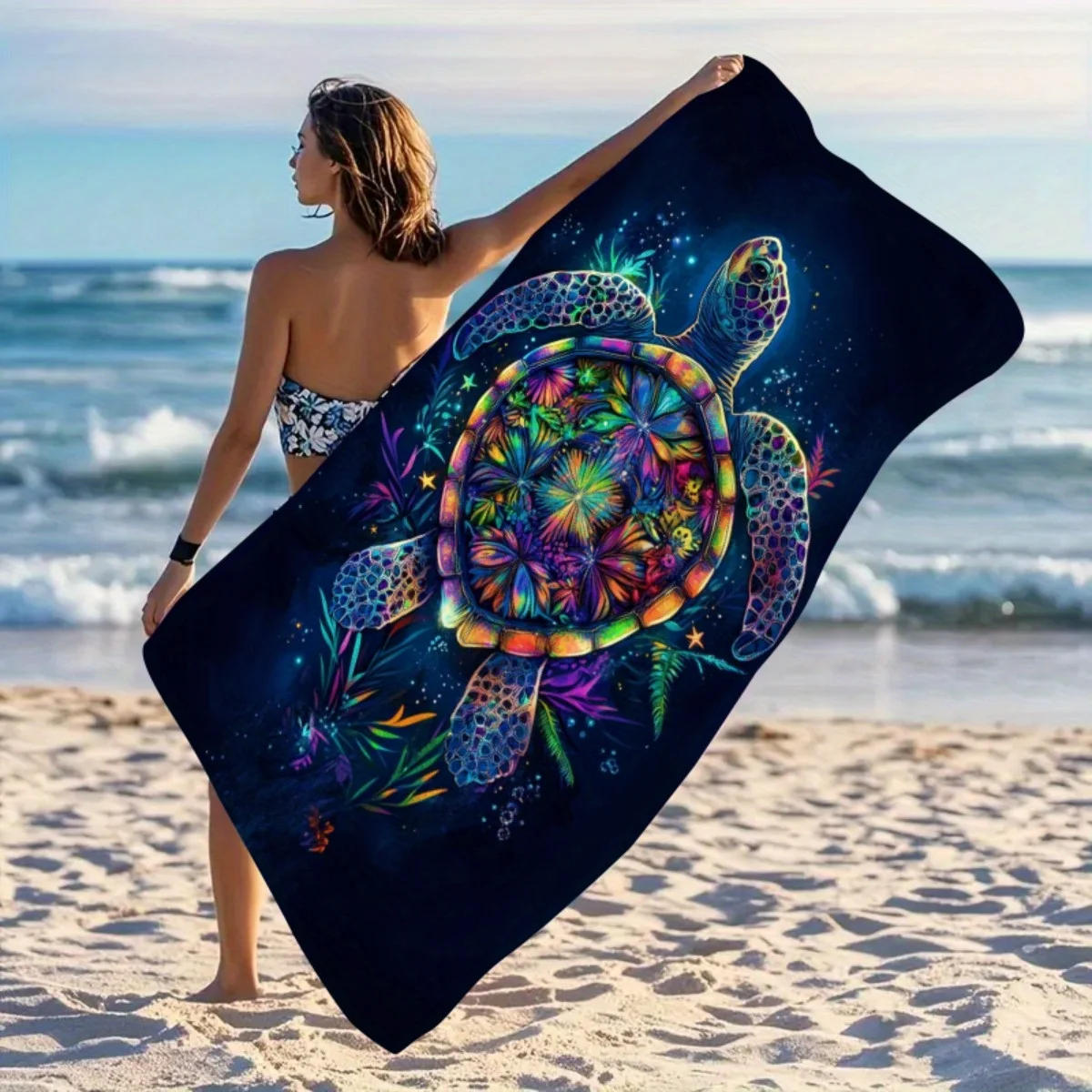 Ultra-Fine Fiber Beach Bath Towel Quick-Dry Sea Turtle Starfish Design Dark Blue Soft Lightweight for s  Pool Vacation Ocean