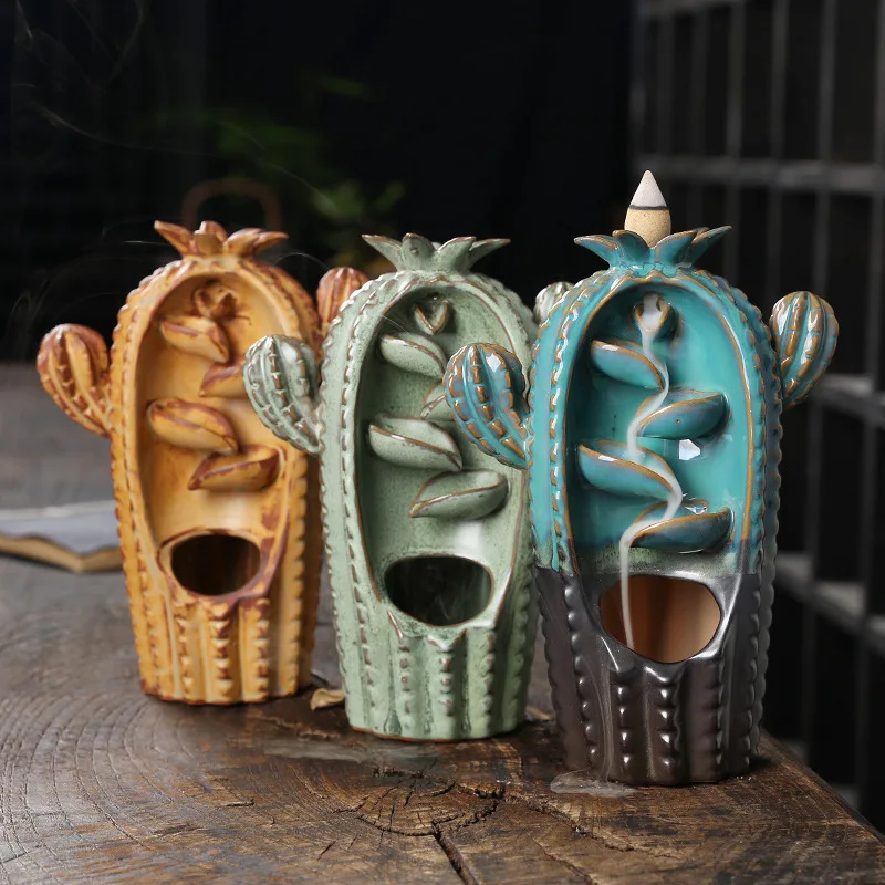 Cactus Backflow Incense Cute Ceramic Waterfall Holders with 20 Cones for Home Office Decor Gift
