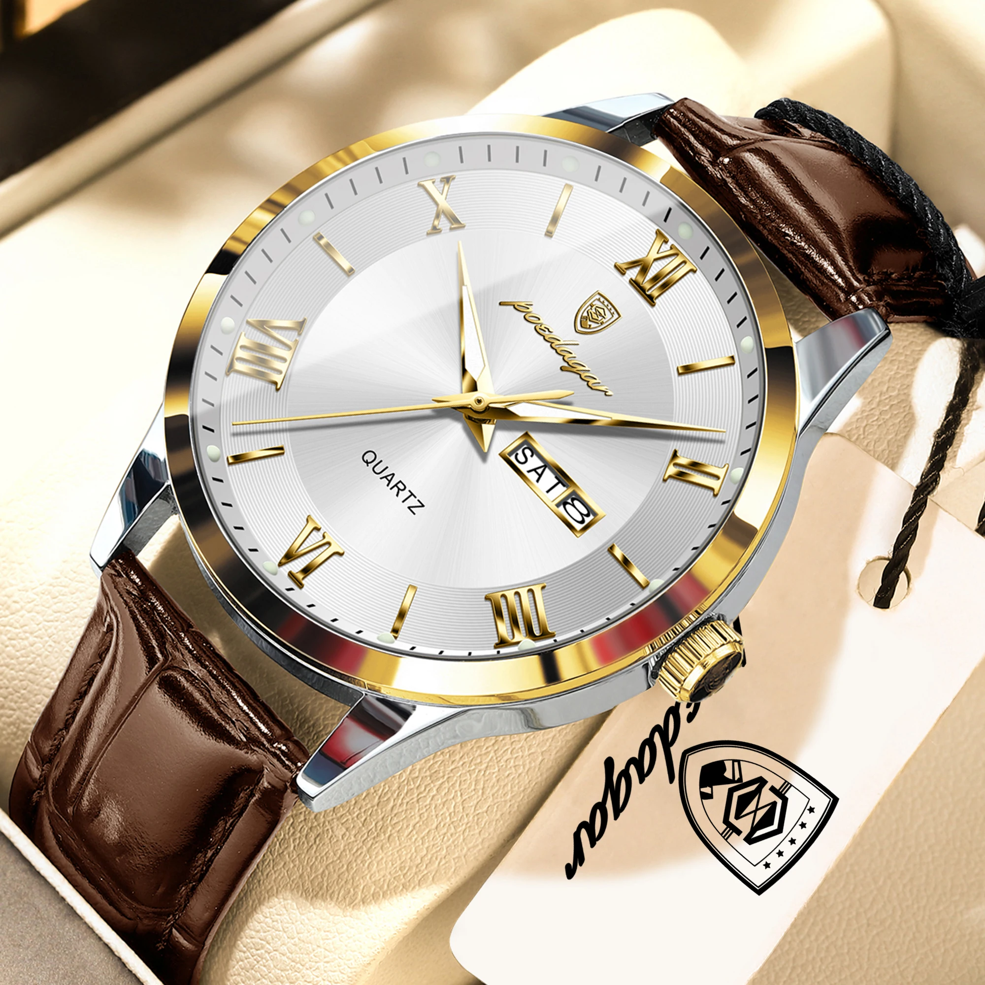 POEDAGAR Trendy Man Clock Leather Date Week Quartz Men Wristwatch Waterproof Luminous Business Casual Men's Watches Reloj Hombre