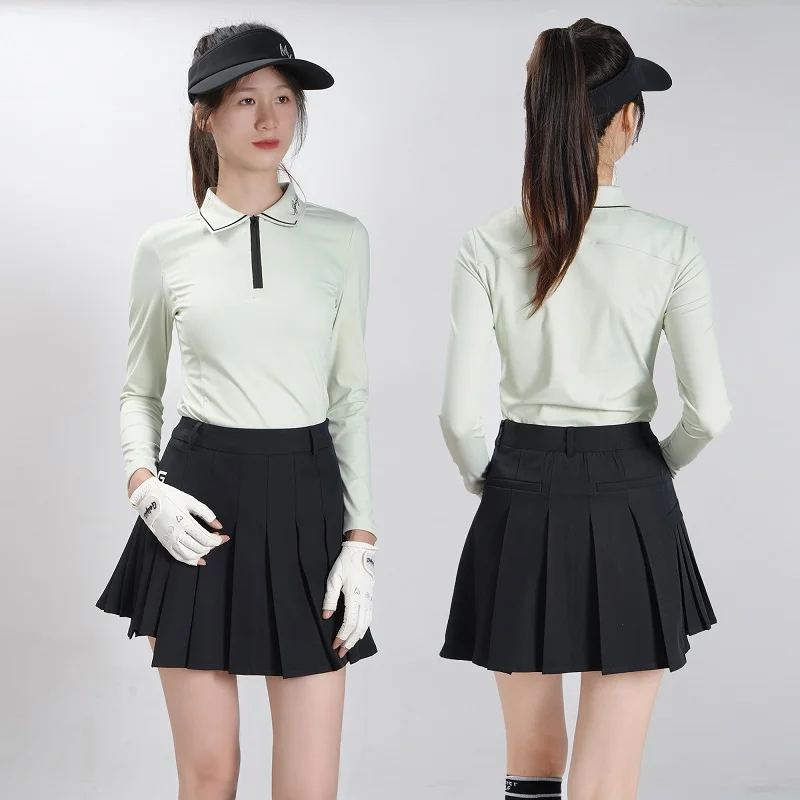 

Весенне-осенняя женская рубашка-поло для гольфа, женские эластичные топы с длинными рукавами и высокой талией, тонкая спортивная теннисная юбка, плиссированные шорты для гольфа