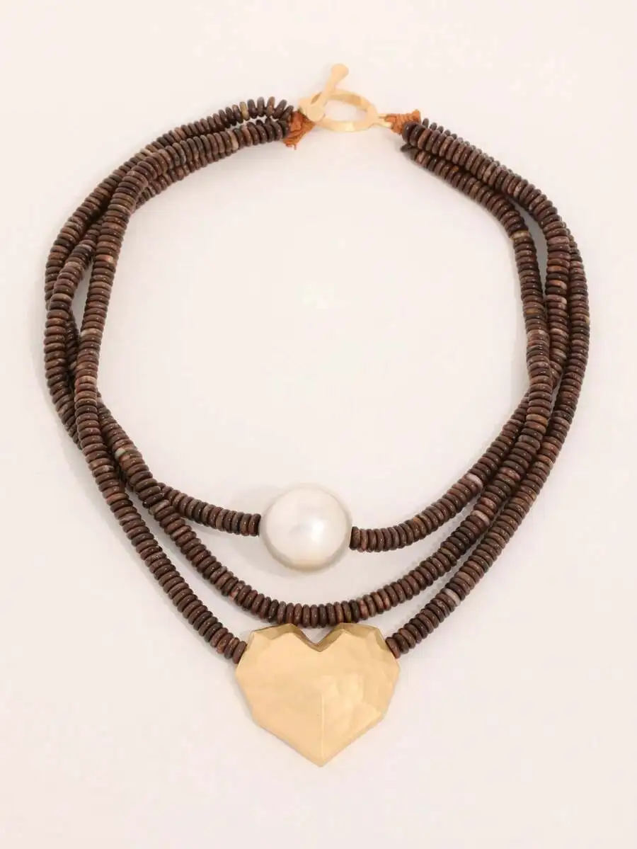 

Multi-Layer Beaded Necklace With Heart Pendant And Faux Pearl Bohemian Style