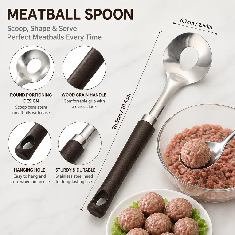 Stainless Steel Meatball Maker Spoon Round Spoon Head Hanging Hole Kitchen Meatball Tool Wood Grain Handle