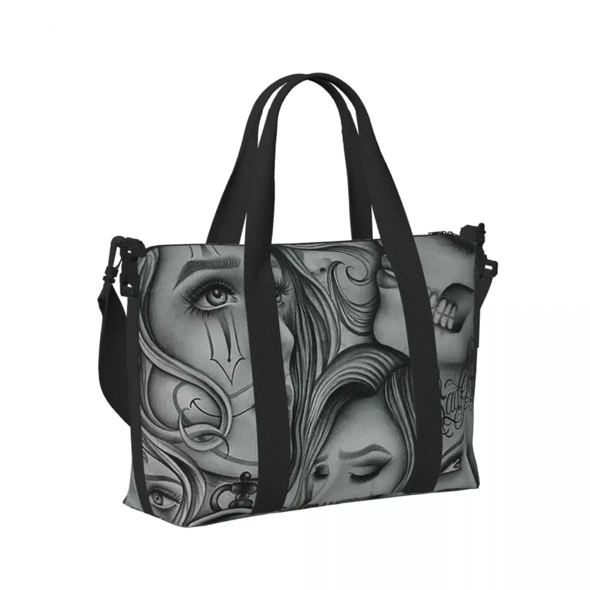 

Sad Eyes Chola Clown Chicano Art Black And Grey Art Beach Travel Bag Tote Bags for Gym Yoga Women Shopping Duffle Shoulder Bag