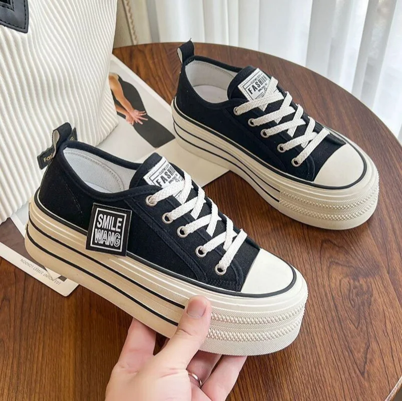 

New Women's Black Platform Canvas Sneakers Lace-up Comfortable Shoes Fashion Outdoor Multi-functional Sports Canvas Shoes