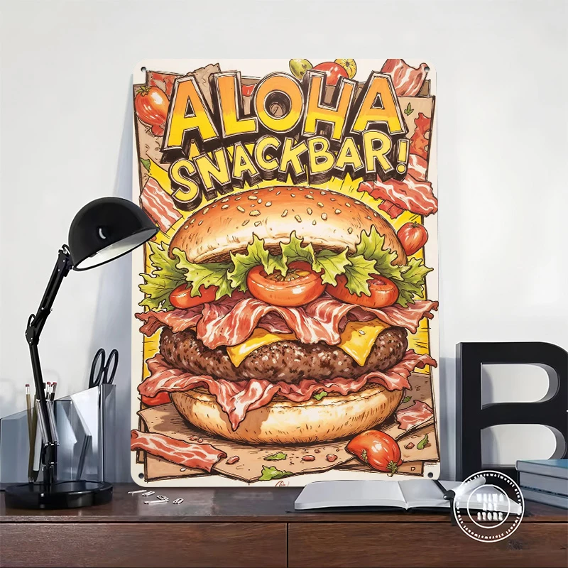 Aloha Snack Bar Burger Metal Poster Customized Wall Art Retro Vintage Tinplate Signs for Interior Accessories Garage Decoration