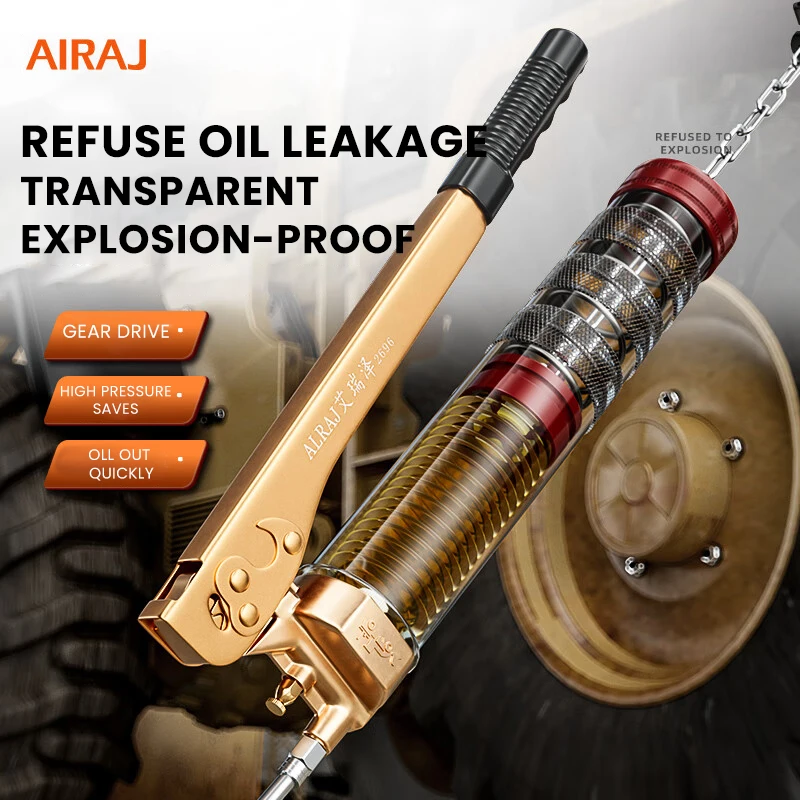 AIRAJ Manual Grip Grease Gun Aluminum Alloy Mini Gun 14000PSI Handheld Grease Filling with Flexible Hose With oil Suction Tray