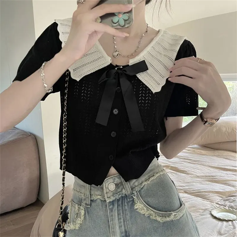 Women\'s Clothing Doll Collar Bow Knitted Shirt Hotsweet Slim Summer Short Sleeve Stylish Hollow Out Solid Color Patchwork Blouse