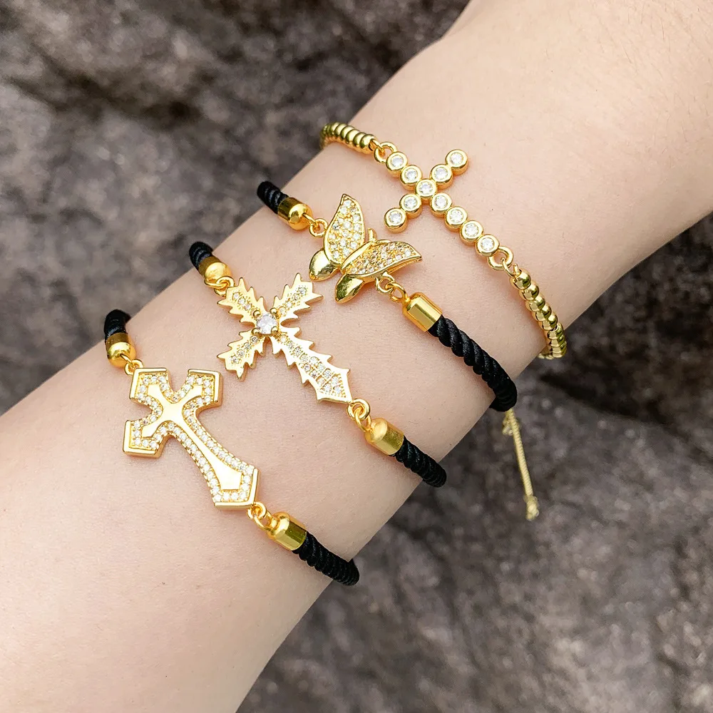 

Trendy 2025 Fall European American Fashionable Adjustable Black Cord Bracelet with Hot Selling Croix Cross Couple Brd74 Jewelry