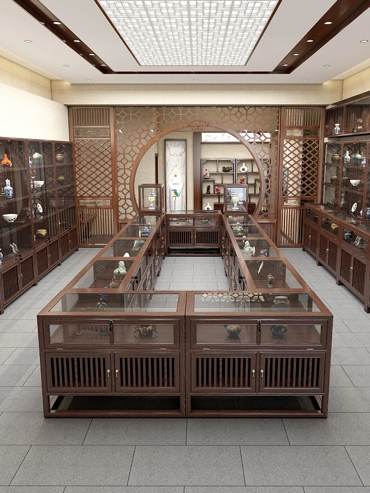 Solid wood jewelry display cabinet jade jewelry glass shelf new Chinese tea display cabinet wall cabinet Zhongdao counter