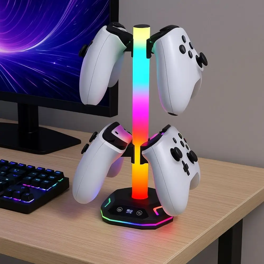 Black RGB Earphone Hanger Dual USB Ports Data Transmission Headphone Bracket LED Lighting Gaming Headset Display Rack Desk