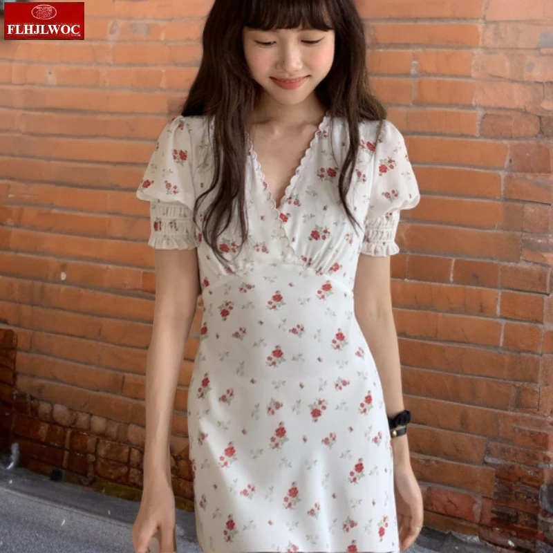 Korea szykowna sukienka 2025 letnie wakacje data dziewczyny V Neck drapowane słodkie romantyczne kwiatowe drukowane damskie długie sukienki Vestidos