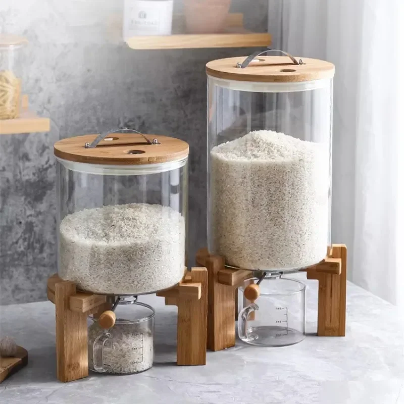 Environmentally friendly 5L/8L glass jar container fresh-keeping bamboo cover faucet kitchen food storage rice dispenser