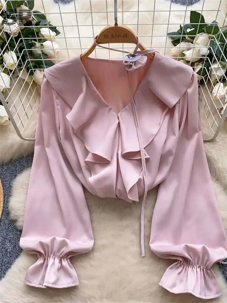 

BabYoung Spring Ruffles Blouse Women Flare Sleeve V Neck Solid Flower Choker Design Tops Temperament Basics Loose Shirts