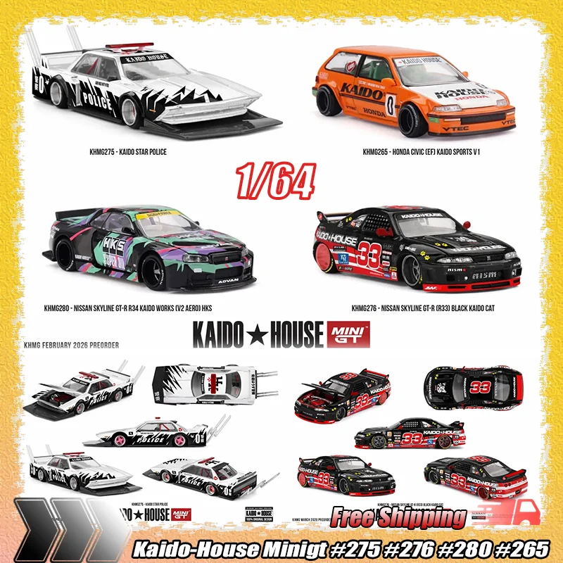 

New Kaido Minigt 1:64(Kaido Star Police 275)(Gtr R33 Kaido Cat 276)(Gtr R34 Hks 280)(Honda Civic Ef 265)Alloy Model Kid Toy Gift