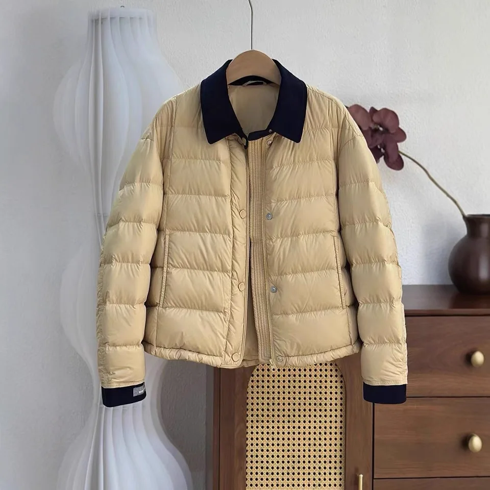 Lightweight Lapel Down Jacket for Women Short Length with Corduroy Splicing Fashionable and Versatile Korean Loose Warm Jacket